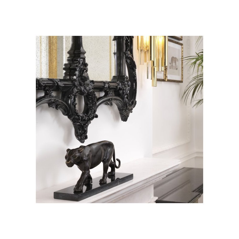 Bronze Patina Panther Sculpture on Black Marble Base