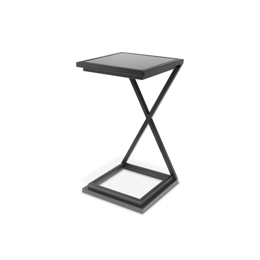Gunmetal Cross-Legged Side Table with Black Glass Top
