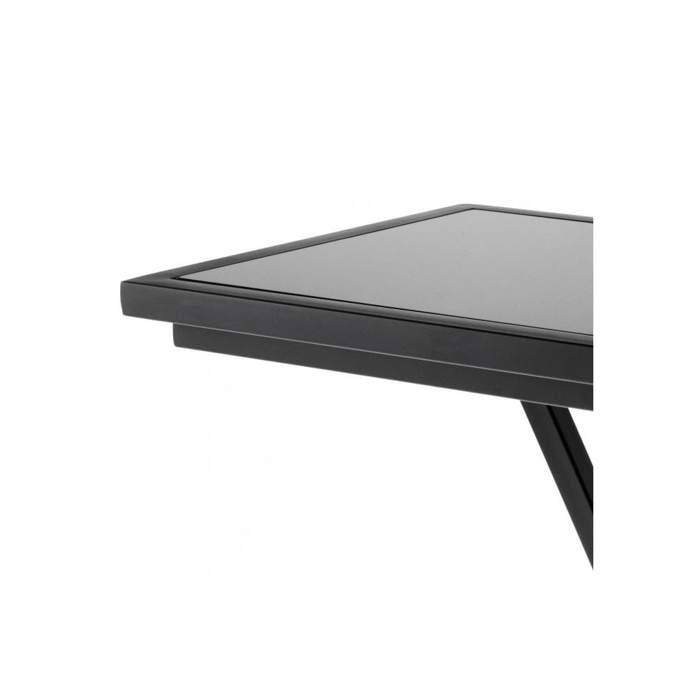 Gunmetal Cross-Legged Side Table with Black Glass Top