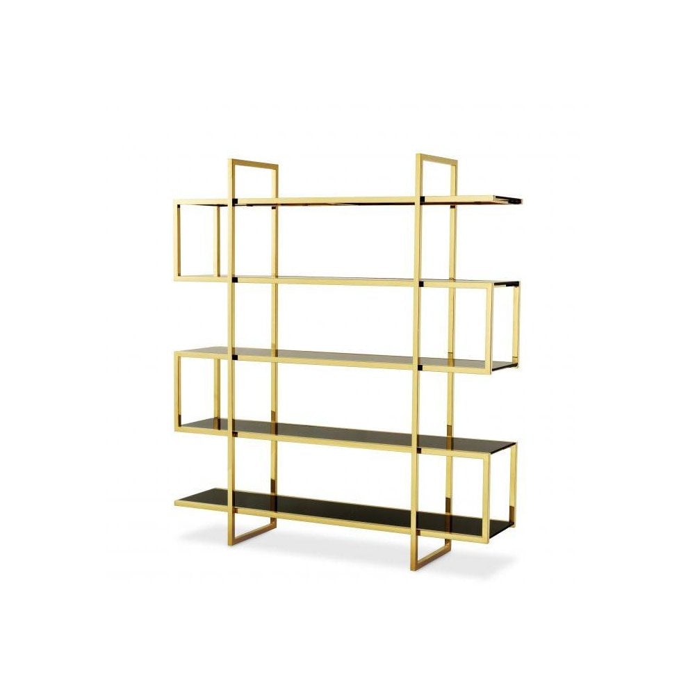 Glamorous Soto Display Cabinet with Gold Finish and Black Glass Shelves