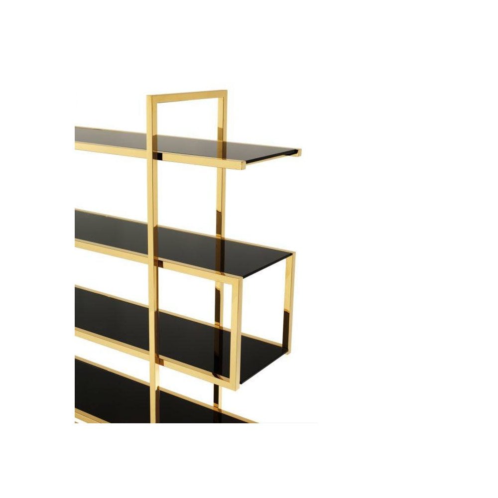 Glamorous Soto Display Cabinet with Gold Finish and Black Glass Shelves