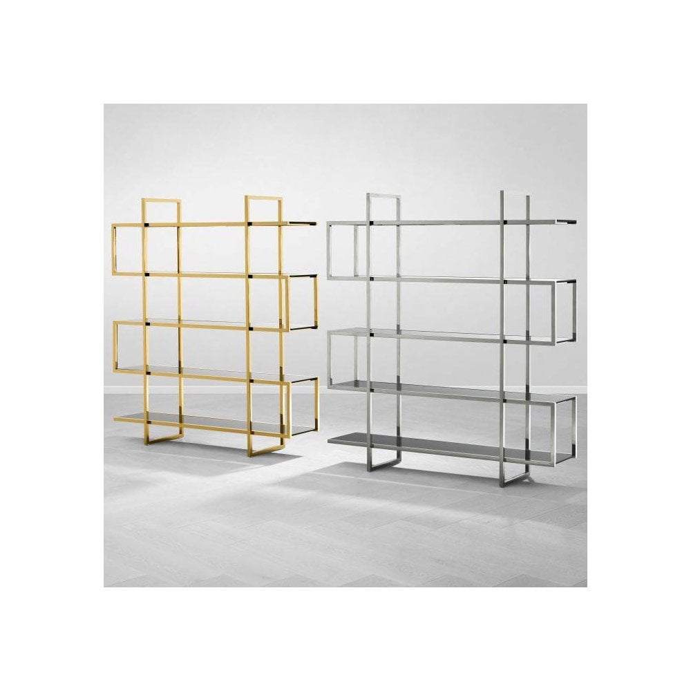 Glamorous Soto Display Cabinet with Gold Finish and Black Glass Shelves