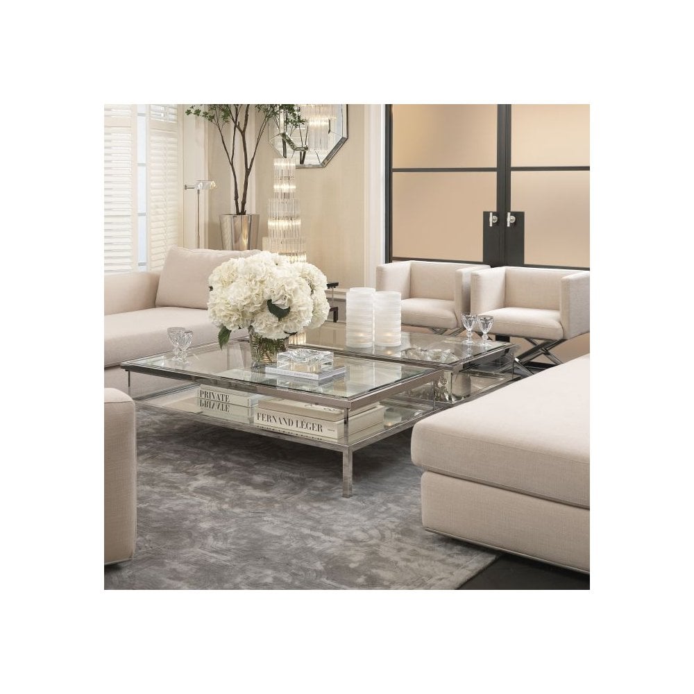 Harvey Rectangular Coffee Table with Polished Stainless Steel and Glass Display