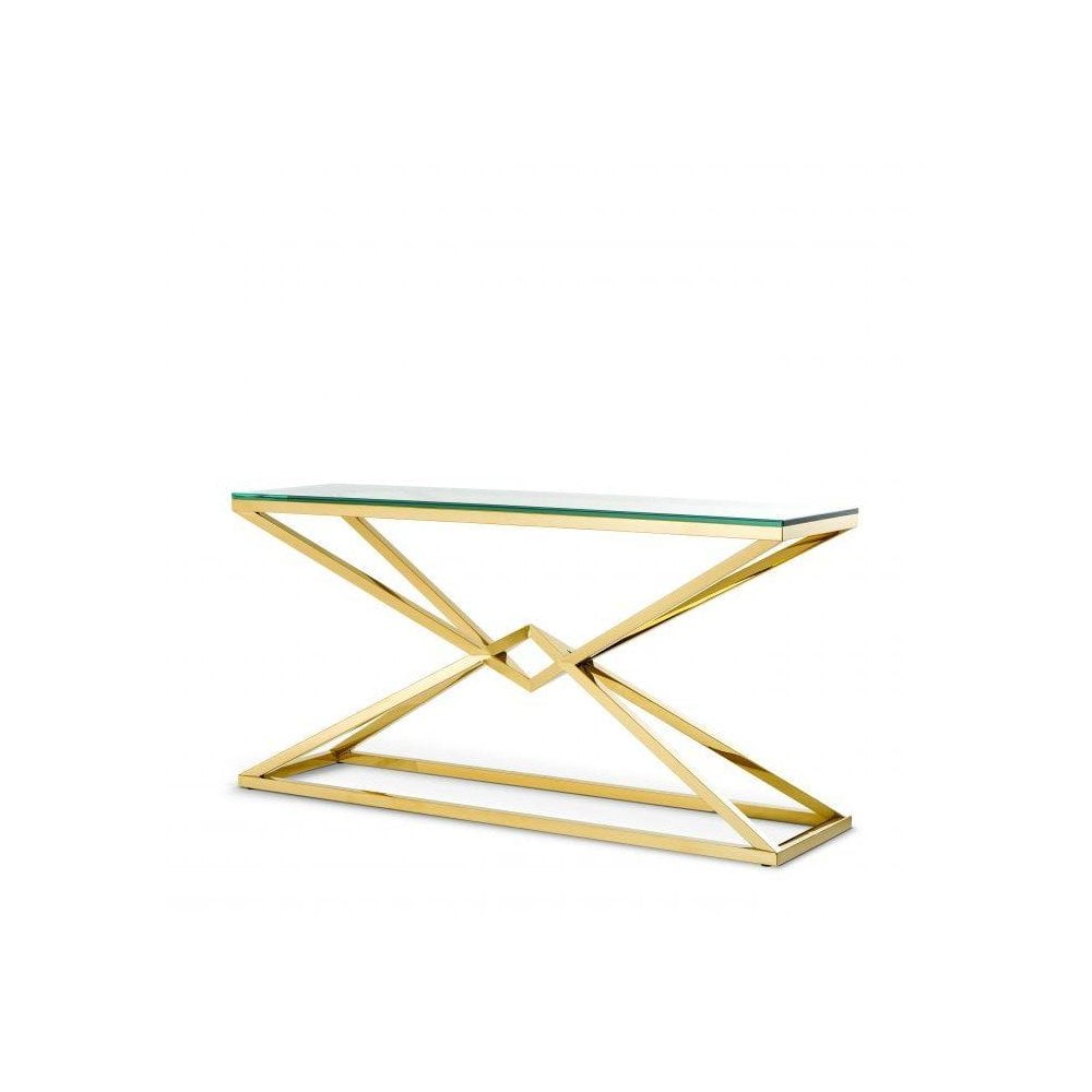 Luxe Connor Console Table: Gold Pyramid Base with Clear Glass Top