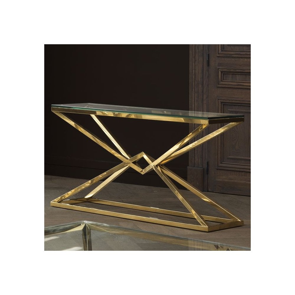 Luxe Connor Console Table: Gold Pyramid Base with Clear Glass Top