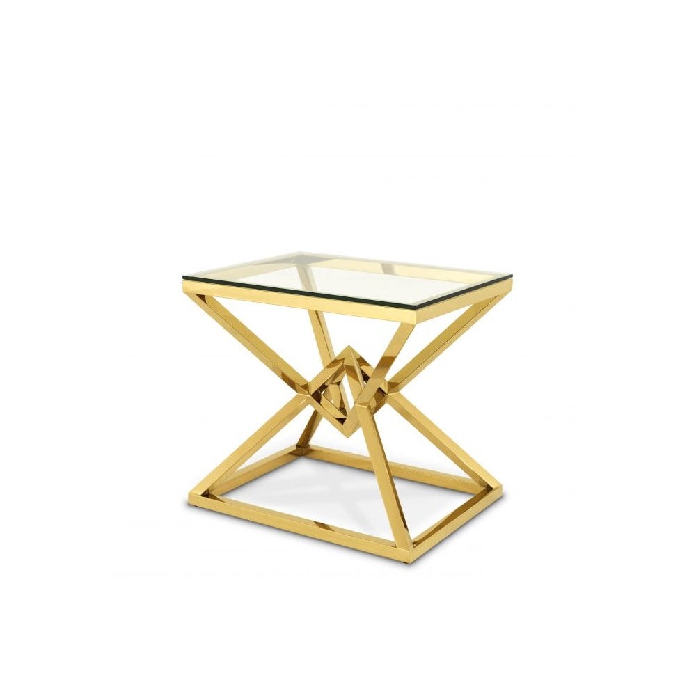 Elegant Connor Side Table, Gold Geometric Base, Clear Glass Top