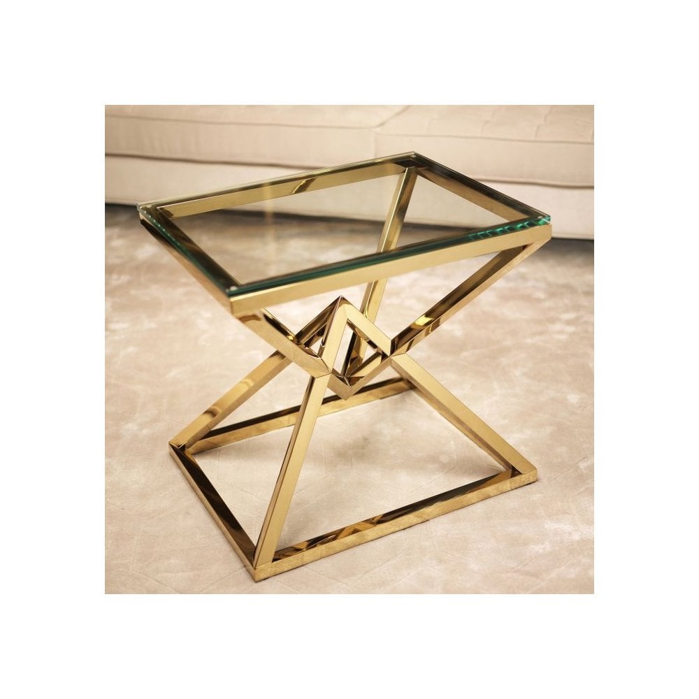 Elegant Connor Side Table, Gold Geometric Base, Clear Glass Top