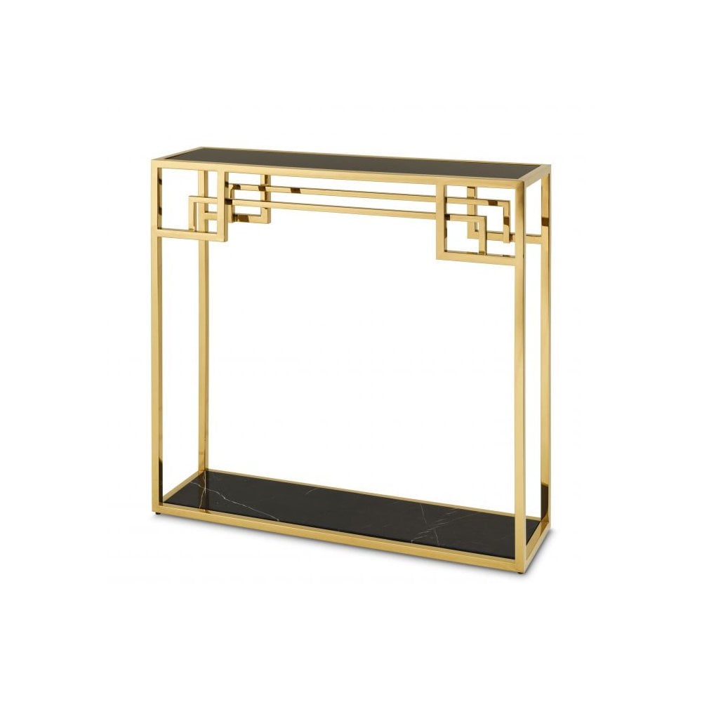 Art Deco Elegance: Morris Console Table with Gold, Black Marble, and Glass Elements