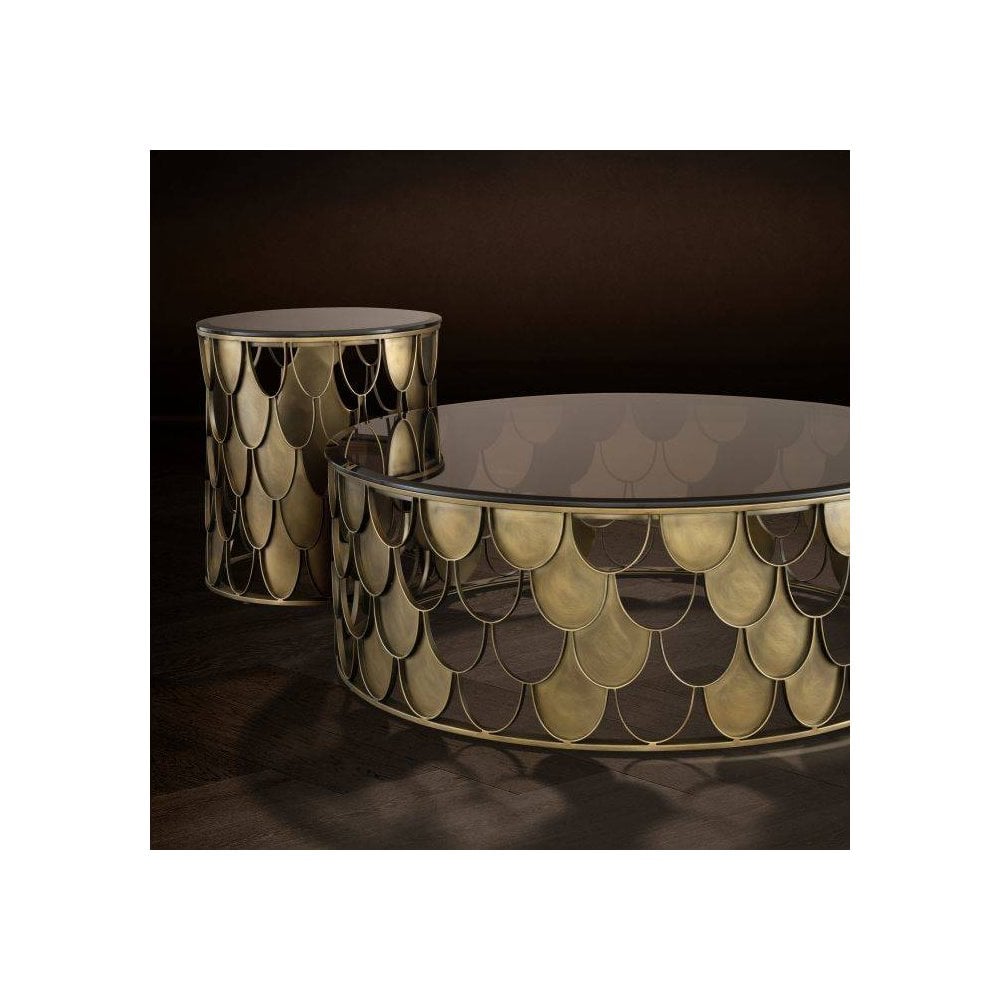 Copper Elegance: Koi-Inspired Side Table with Tawny Glass Top