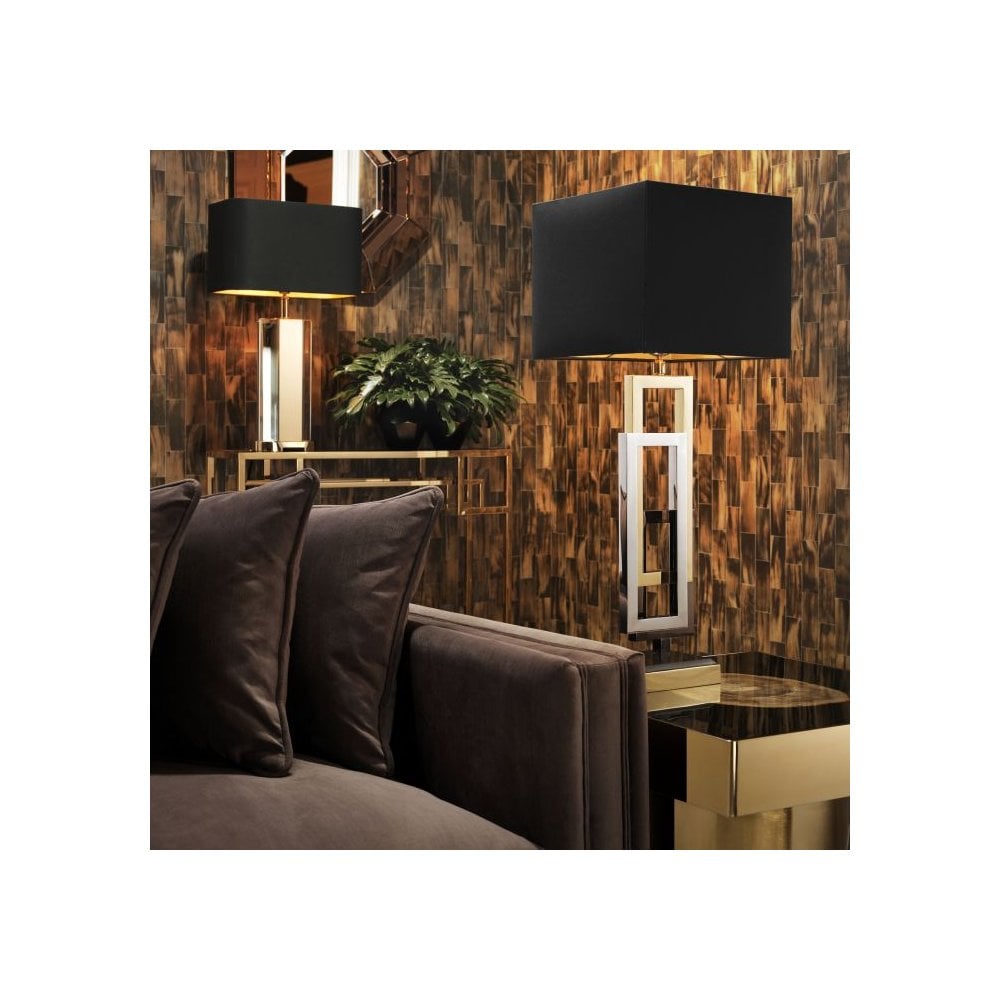 Regine Table Lamp: Sleek Sculptural Design in Nickel and Gold Finishes with Black Shade