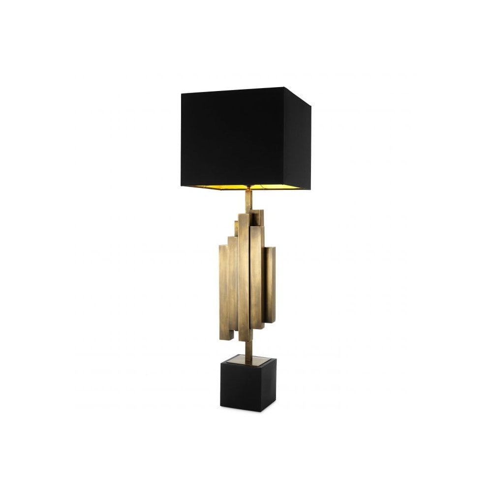 Vintage Brass Beau Rivage Table Lamp with Black Square Base and Shade