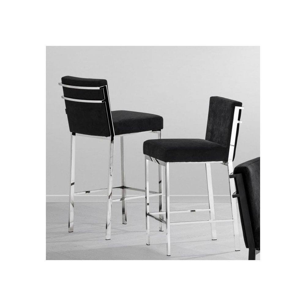 Elegant Scott Barstool, Polished Steel Frame, Luxurious Black Velvet Upholstery