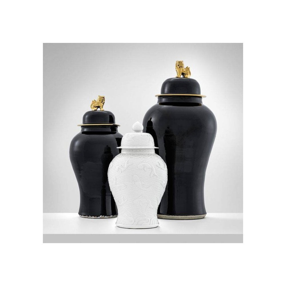 Golden Dragon S Vase: Black and Gold Porcelain with Foo Dog Finial