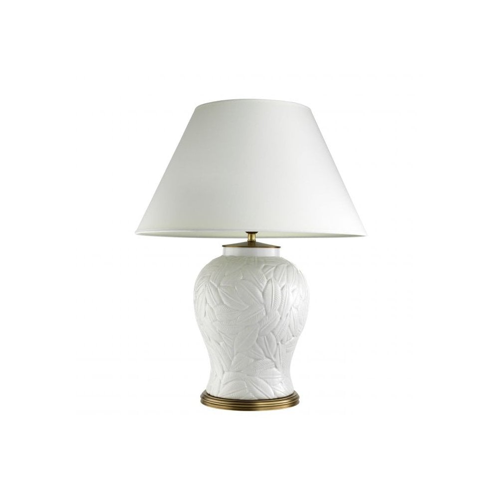 Ceramic Leaf Relief Table Lamp - White with Antique Brass Accents