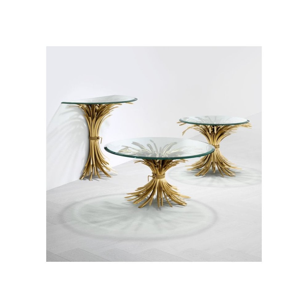 Elegant Sheaf-Inspired Side Table with Antique Gold Finish and Beveled Glass Top