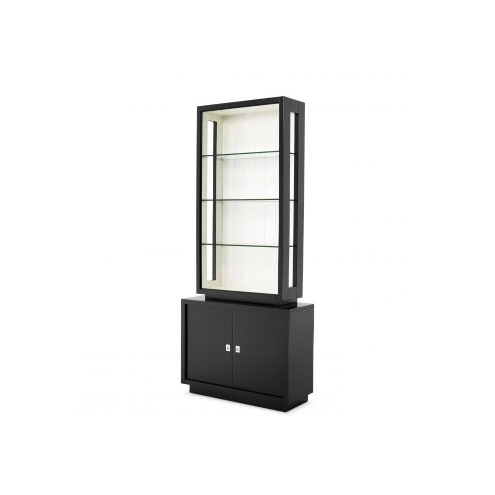 Elegance Cabinet with Black Exterior, White Interior, and Clear Glass Shelves