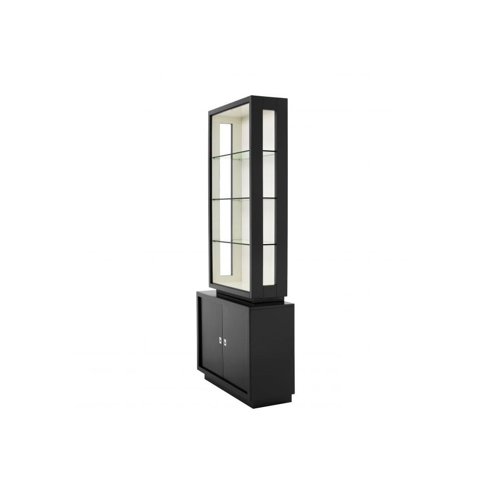 Elegance Cabinet with Black Exterior, White Interior, and Clear Glass Shelves