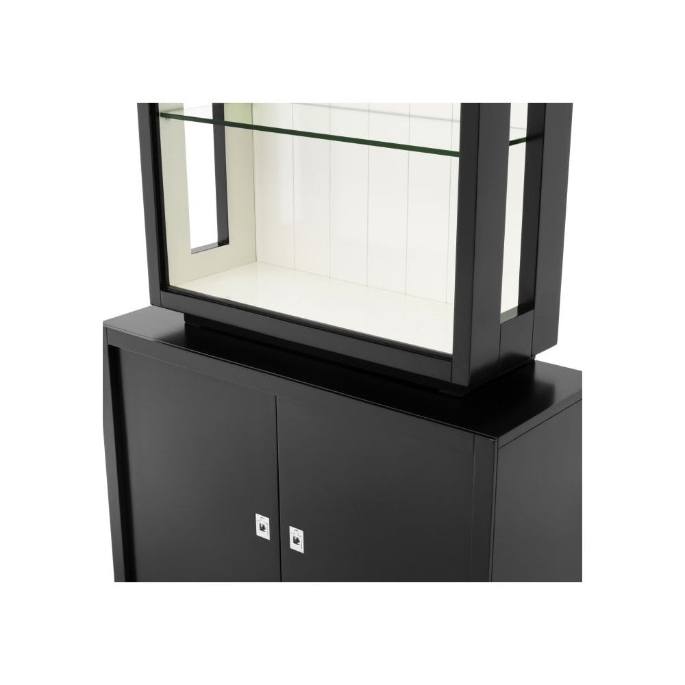 Elegance Cabinet with Black Exterior, White Interior, and Clear Glass Shelves