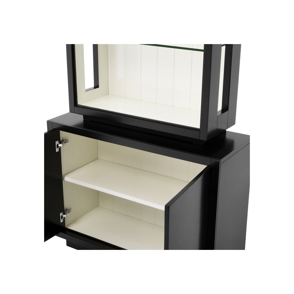 Elegance Cabinet with Black Exterior, White Interior, and Clear Glass Shelves
