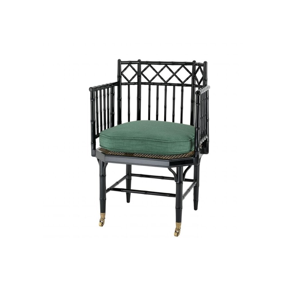 Xavier Chair: Art Deco Elegance in Piano Black with Albin Green Cushion