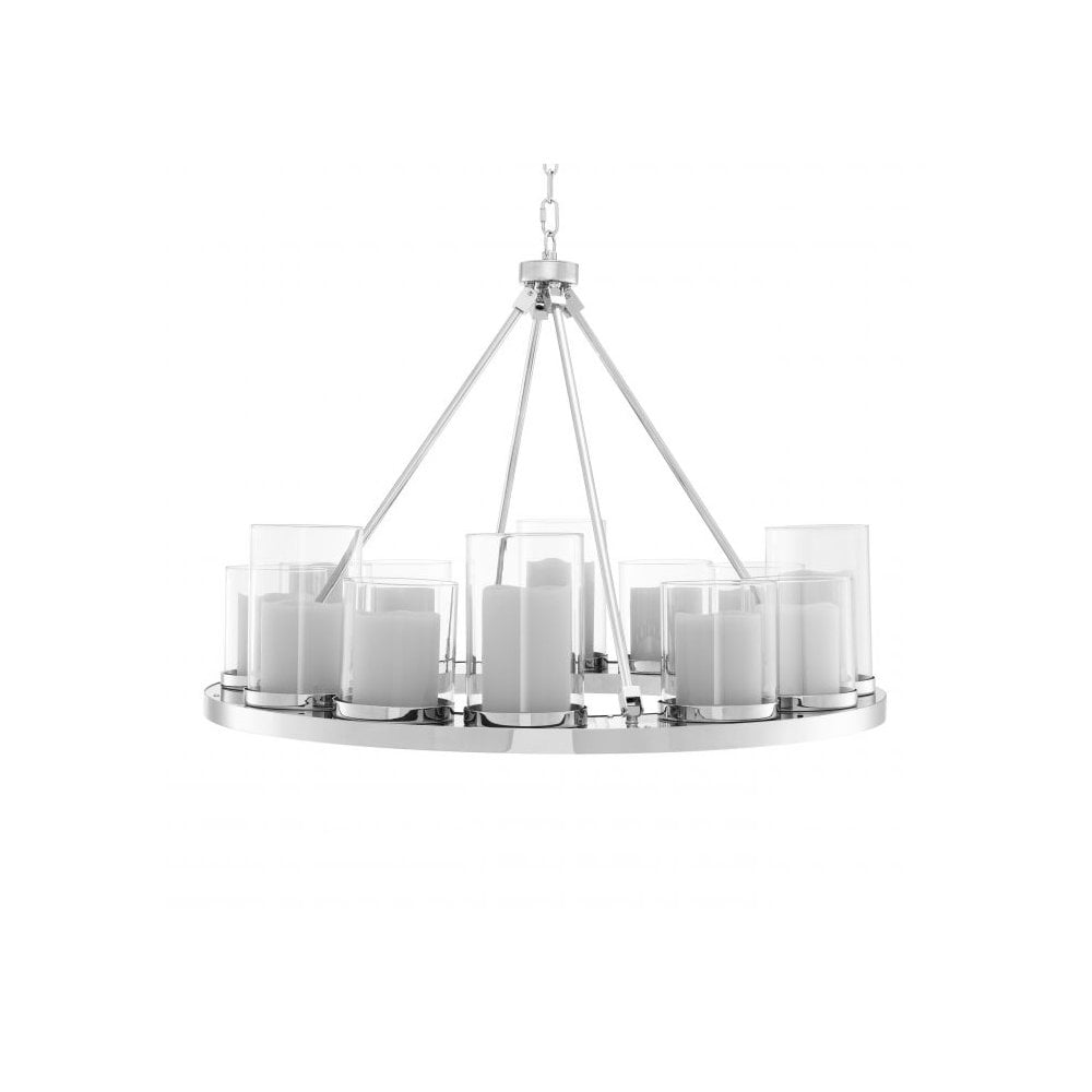 Summit Chandelier, 90 cm Ø, Polished Stainless Steel & Clear Glass with Faux Candle Shades