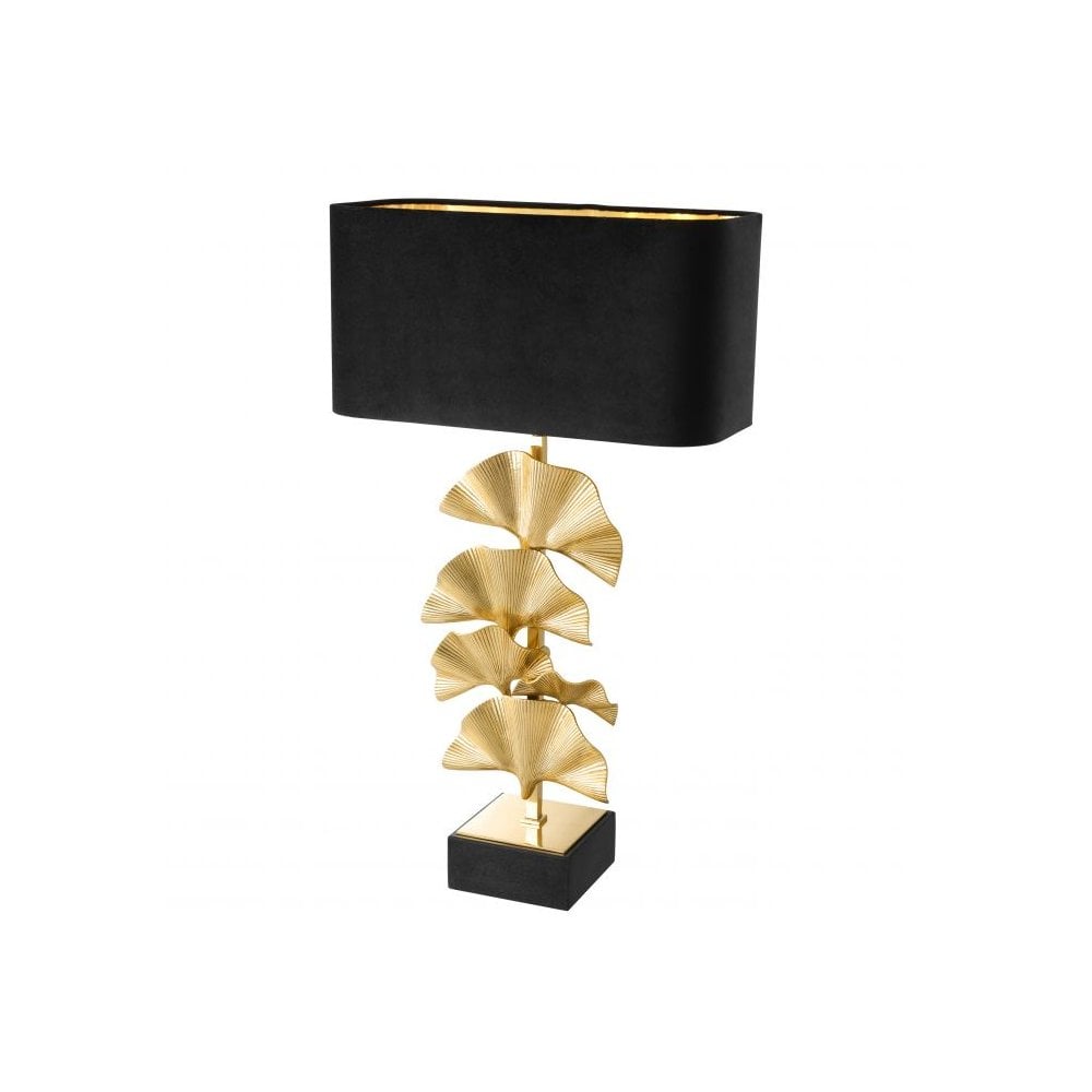 Elegant Tropical Dream Table Lamp with Brass Palm Leaves and Black Velvet Shade