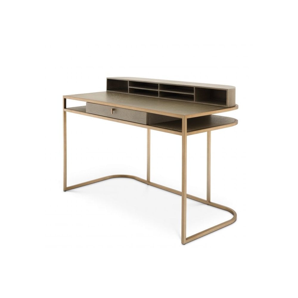 Mid-Century Modern Oak Veneer Desk with Brass Accents