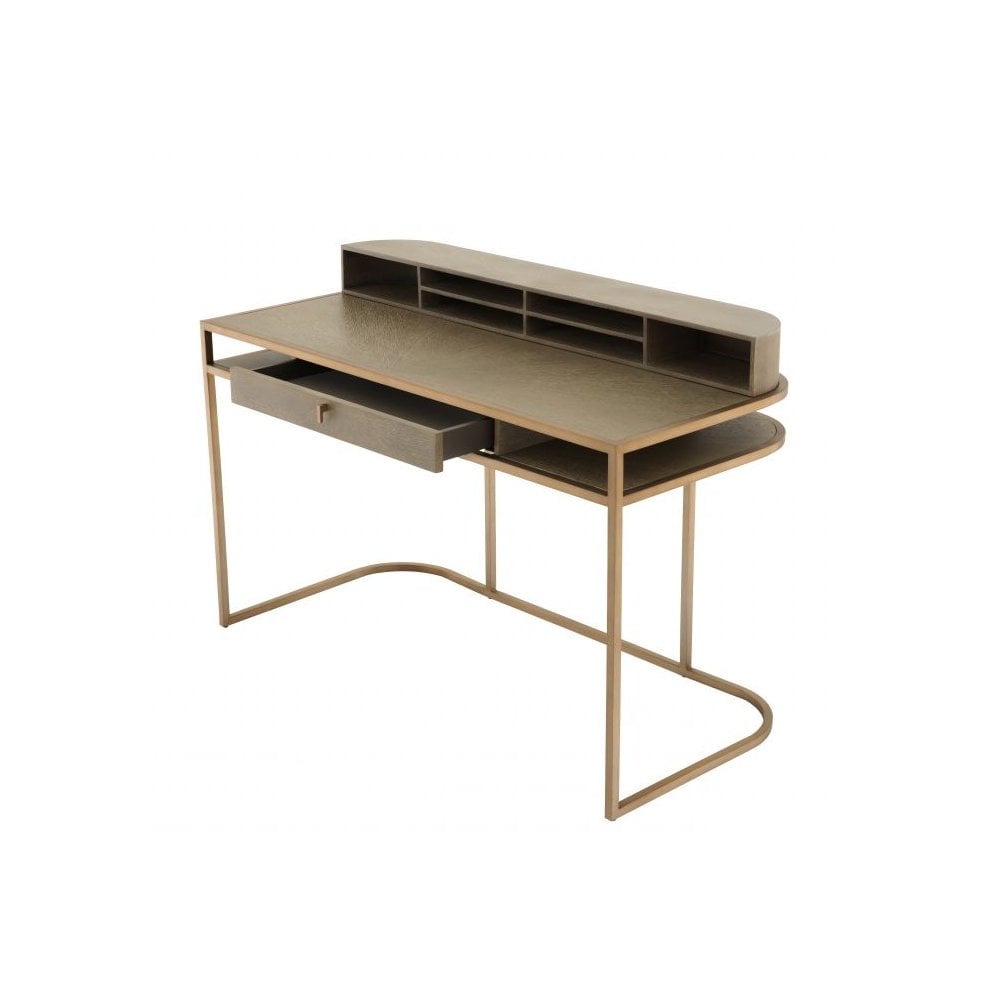 Mid-Century Modern Oak Veneer Desk with Brass Accents