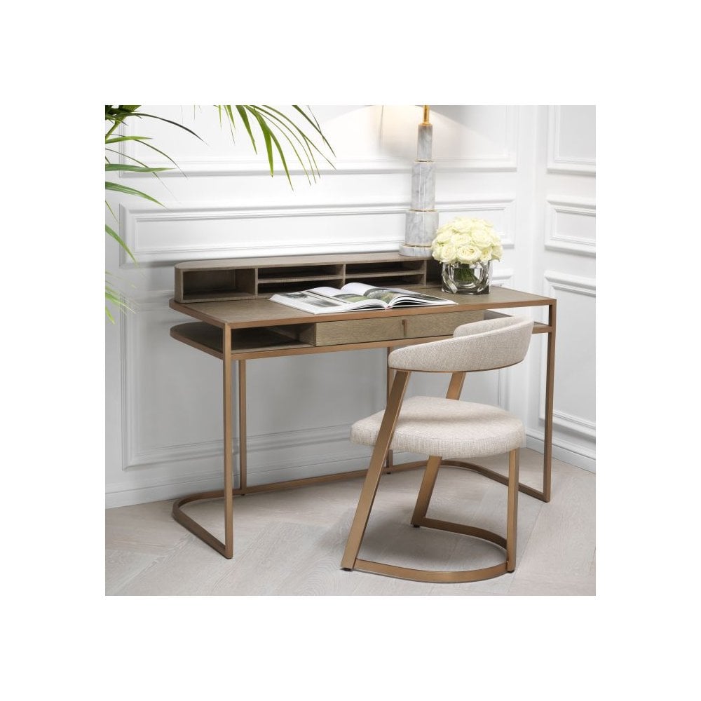 Mid-Century Modern Oak Veneer Desk with Brass Accents