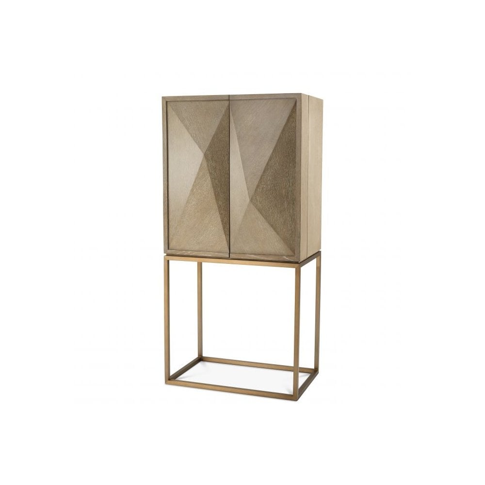 Mid-Century Modern Highland Wine Cabinet in Washed Oak and Brushed Brass Finish