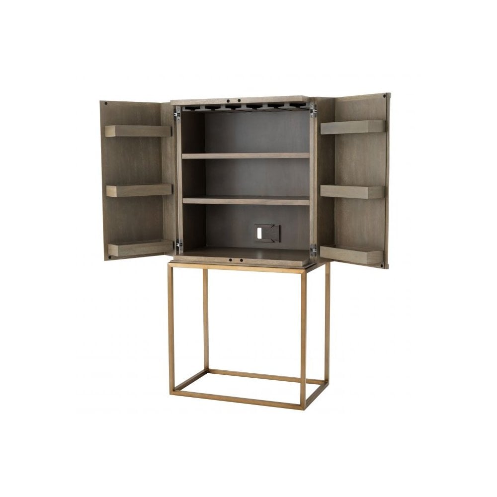 Mid-Century Modern Highland Wine Cabinet in Washed Oak and Brushed Brass Finish