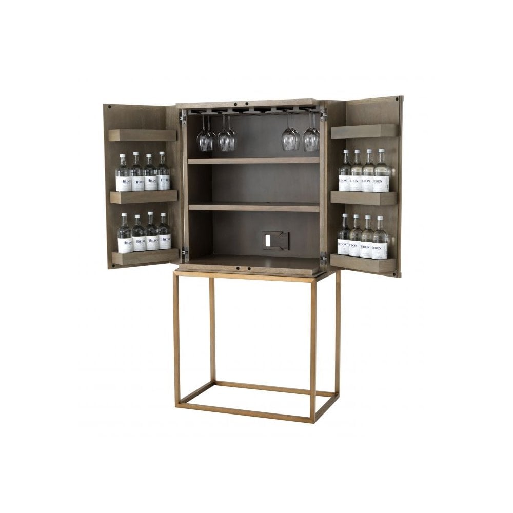 Mid-Century Modern Highland Wine Cabinet in Washed Oak and Brushed Brass Finish