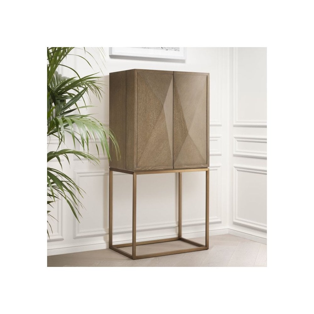 Mid-Century Modern Highland Wine Cabinet in Washed Oak and Brushed Brass Finish