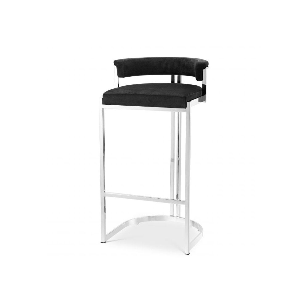 Dante Bar Stool in Polished Stainless Steel with Black Velvet Seat