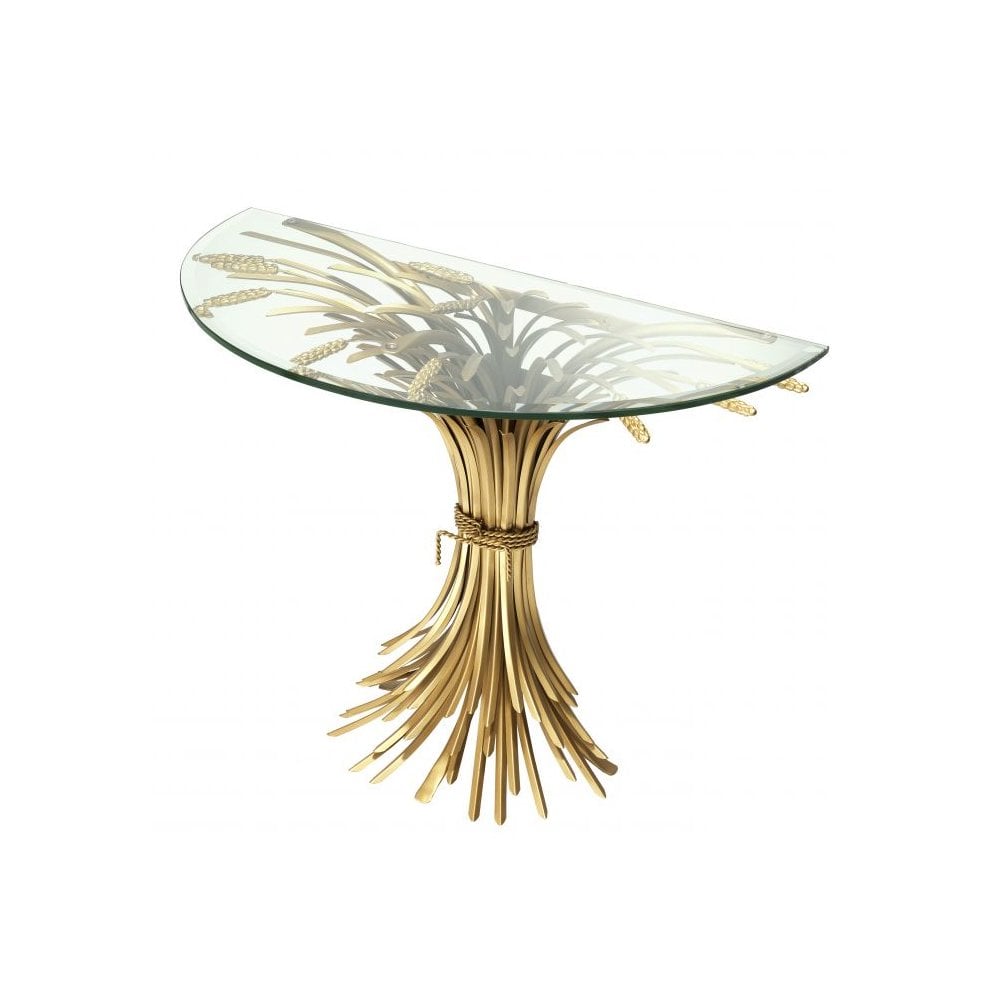 Bonheur Console Table with Sheaf Base, Antique Gold and Beveled Glass