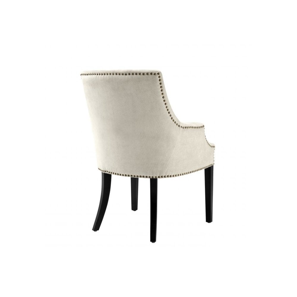 Legacy Dining Chair: Clarck Sand Upholstery with Antique Brass Accents and Black Legs