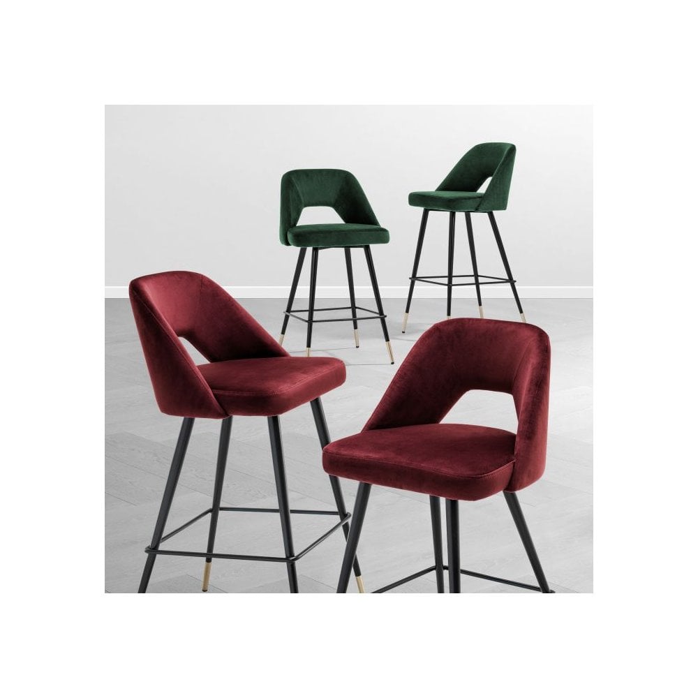 Avorio Bar Stool in Roche Green Velvet with Black and Brass Accents