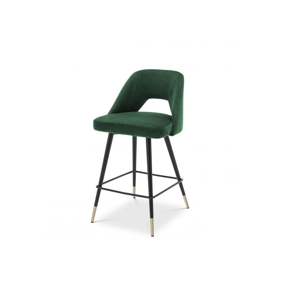 Roche Green Velvet Counter Stool with Brass-Tipped Black Legs