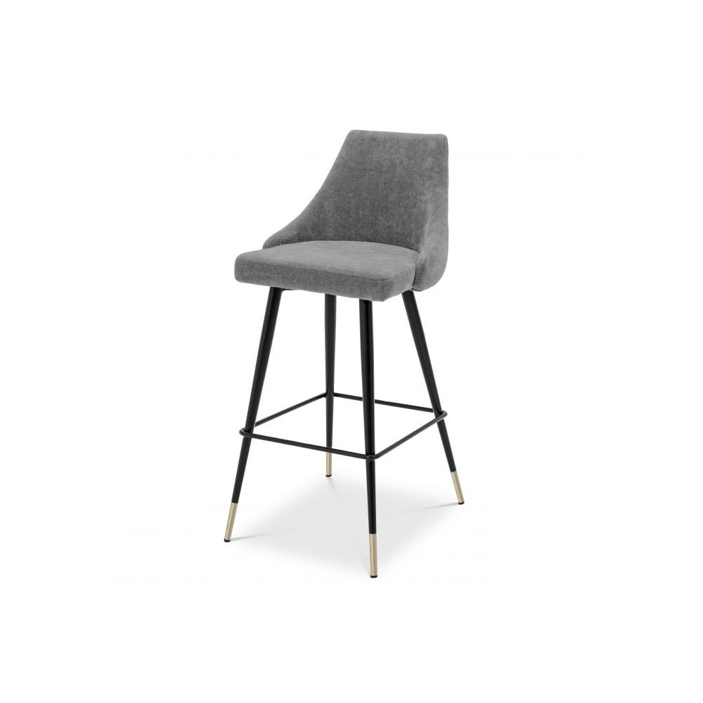 Cedro Mid-Century Modern Bar Stool with Clarck Grey Upholstery and Black Brass-Capped Legs