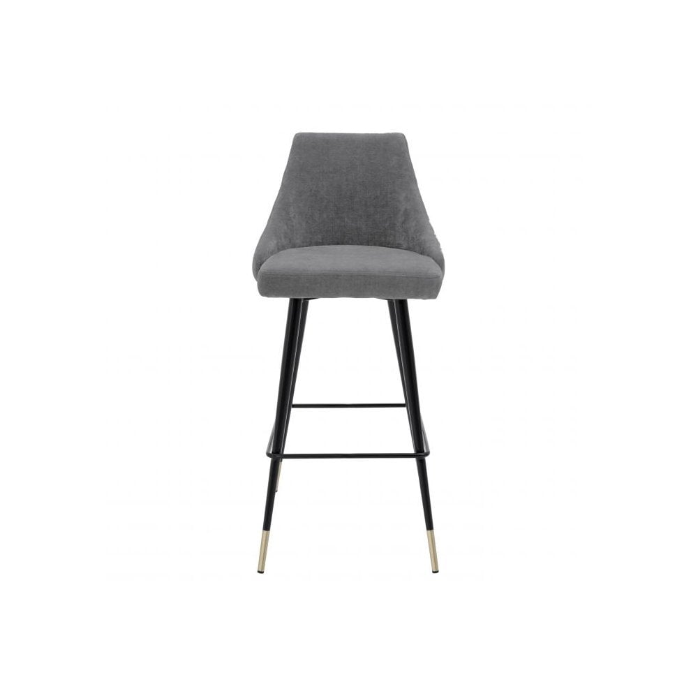 Cedro Mid-Century Modern Bar Stool with Clarck Grey Upholstery and Black Brass-Capped Legs