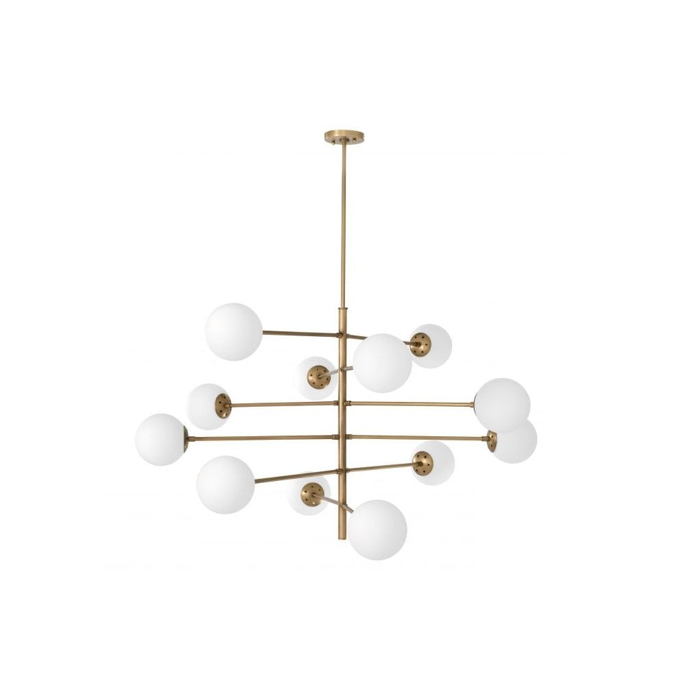 Vintage Mid-Century Modern Tortora Chandelier, Antique Brass with White Globes