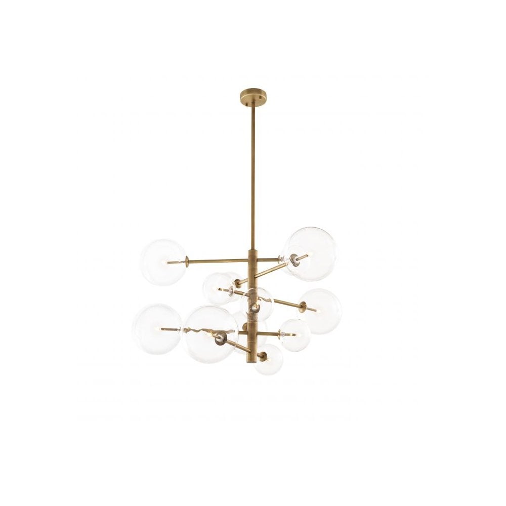 Argento S Chandelier: Mid-Century Elegance with Antique Brass and Clear Glass Design