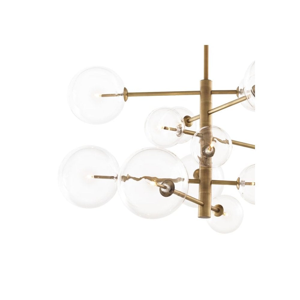 Argento S Chandelier: Mid-Century Elegance with Antique Brass and Clear Glass Design