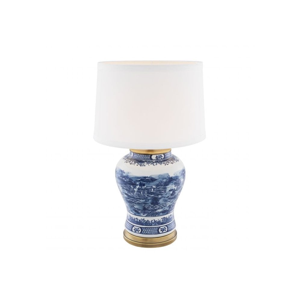Oriental Blue Ceramic Table Lamp with Antique Brass Accents