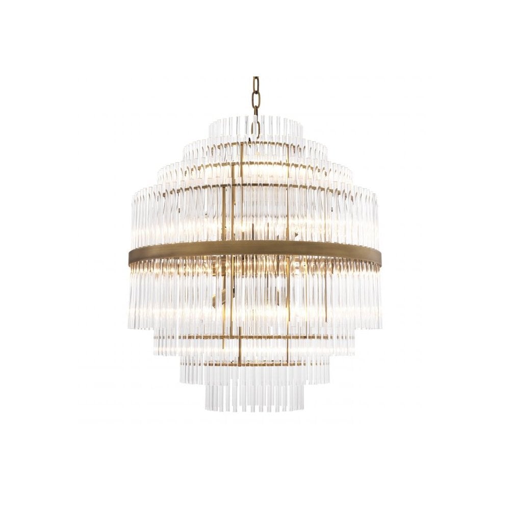 Vintage Art Deco East Chandelier, Antique Brass & Clear Glass