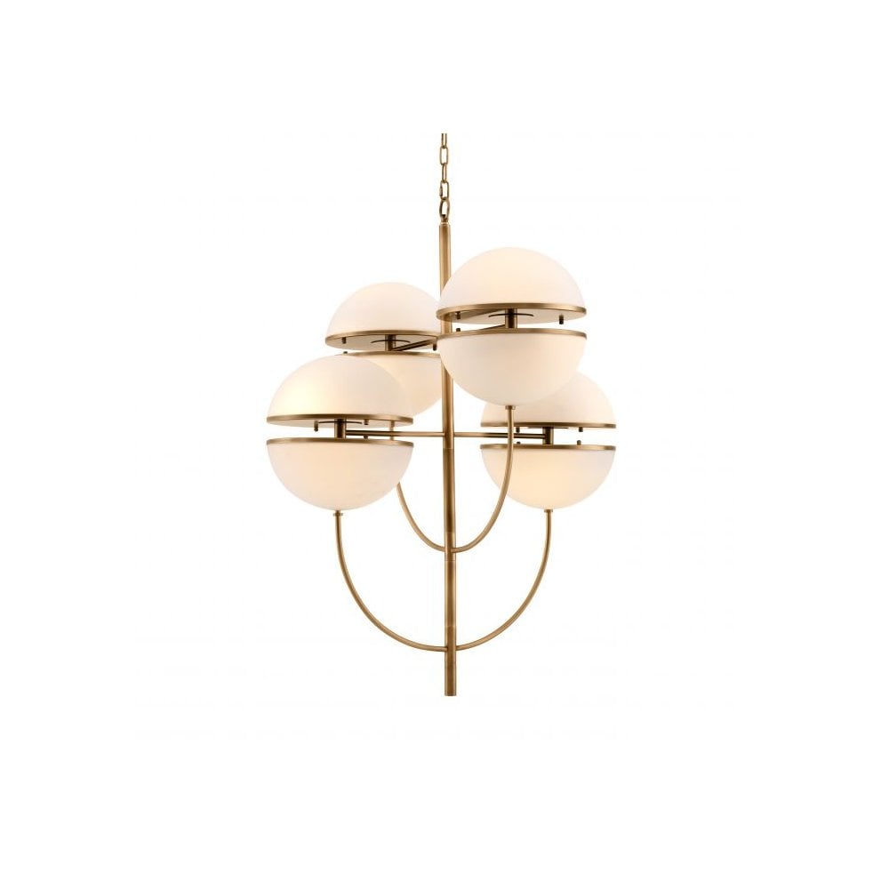 Spiridon Chandelier with Antique Brass Finish and Dual White Glass Spheres