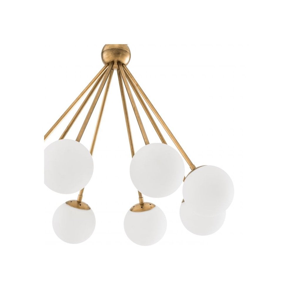 Mid-Century Modern Luxor Chandelier in Antique Brass with White Globe Shades