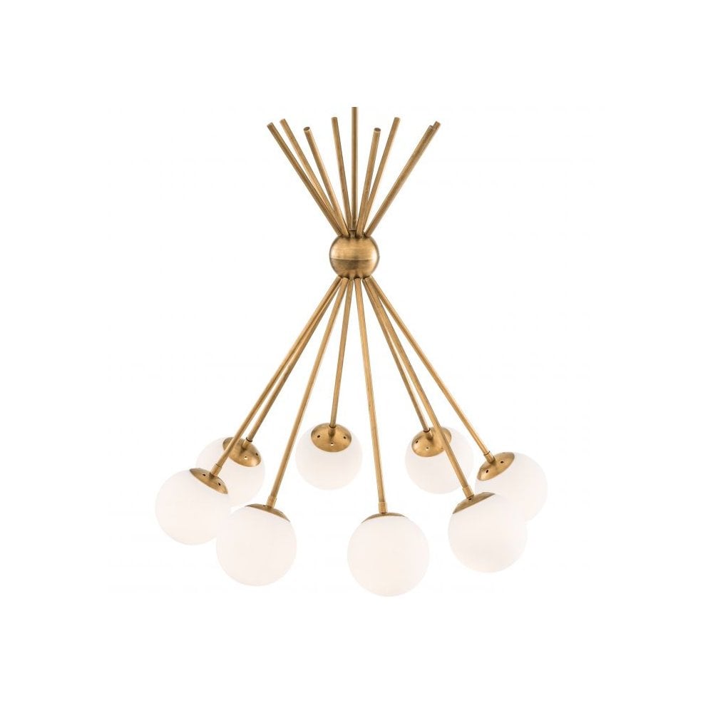 Mid-Century Modern Luxor Chandelier in Antique Brass with White Globe Shades