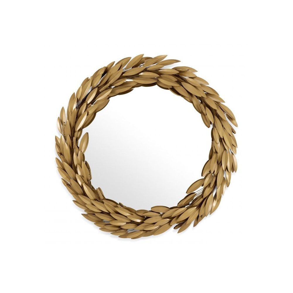 Bonheur Vintage Leaf-Inspired Round Mirror, Antique Gold Finish