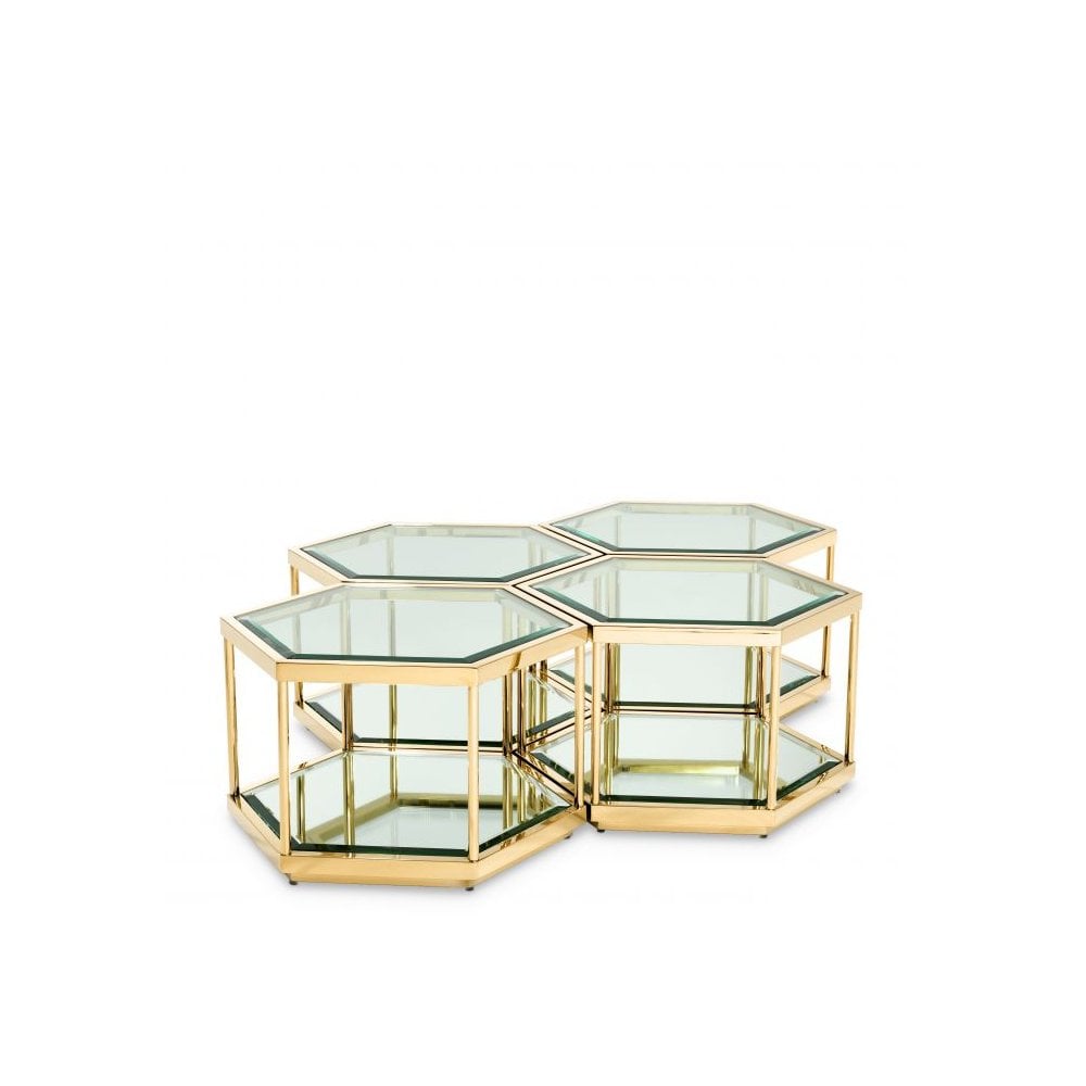 Hexagonal Sax Coffee Table Quartet with Gold Finish and Glass Details